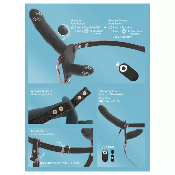 You2Toys - vibrator dublu cu curea, cu telecomandă (negru)