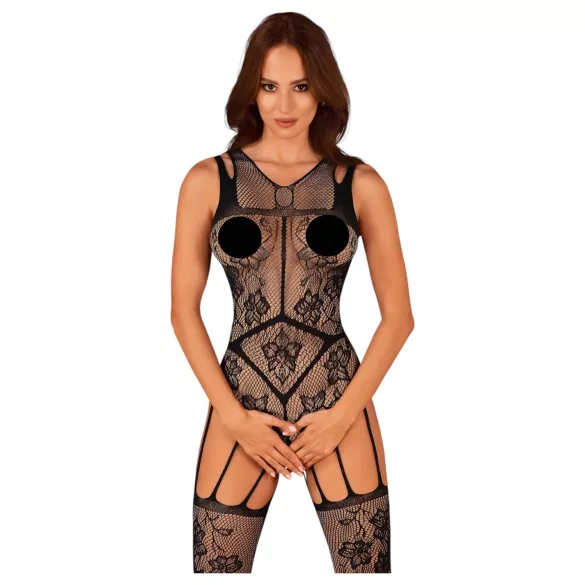 Obsessive - catsuit negru decupat cu model floral - mărime S-L