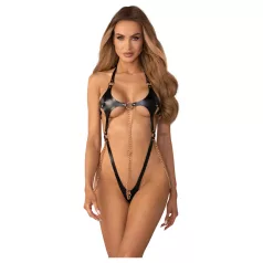  Obsessive Anyya - body din imitație de piele cu bretele și lanț (negru)