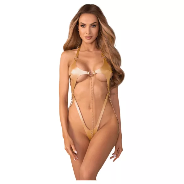 Obsessive Anyya - body cu bretele, cu efect de piele și lanț (auriu)