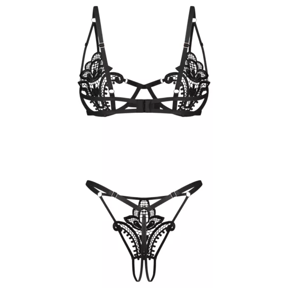 Obsessive Luise - set lenjerie intimă din 2 piese cu lalele (negru)