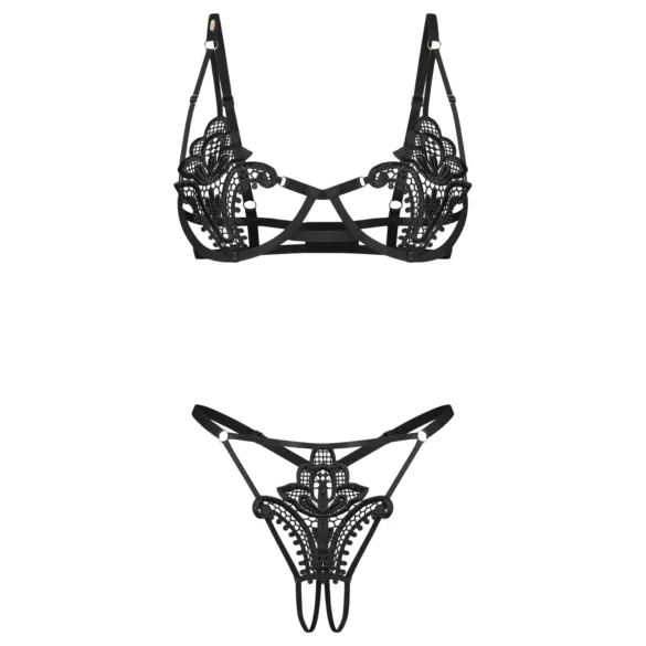 Obsessive Luise - set lenjerie intimă din 2 piese cu lalele (negru) - L/XL