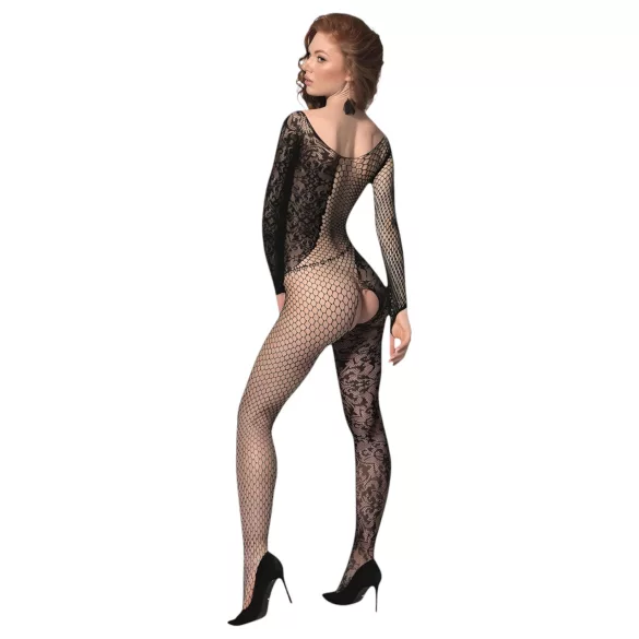 Passion BS107 - salopetă neagră din plasă cu model floral (S-L)
