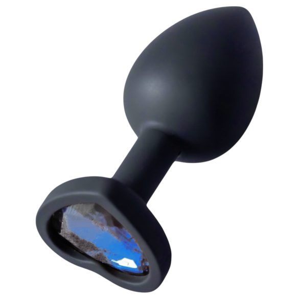Sunfo - dop anal din silicon cu piatră albastru închis în formă de inimă (negru)