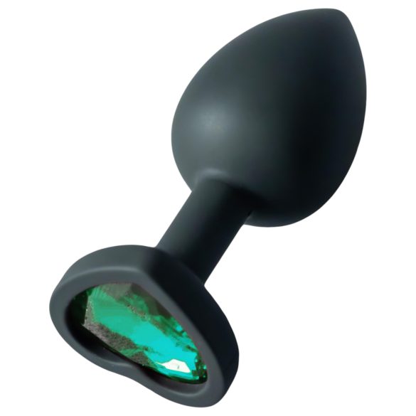 Sunfo - Plug anal din silicon cu piatră verde închis în formă de inimă (negru)