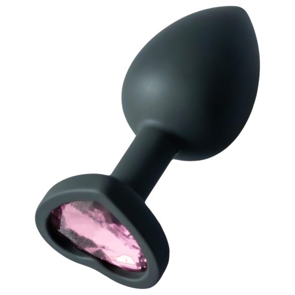 Sunfo - dop anal din silicon cu piatră roz în formă de inimă (negru)