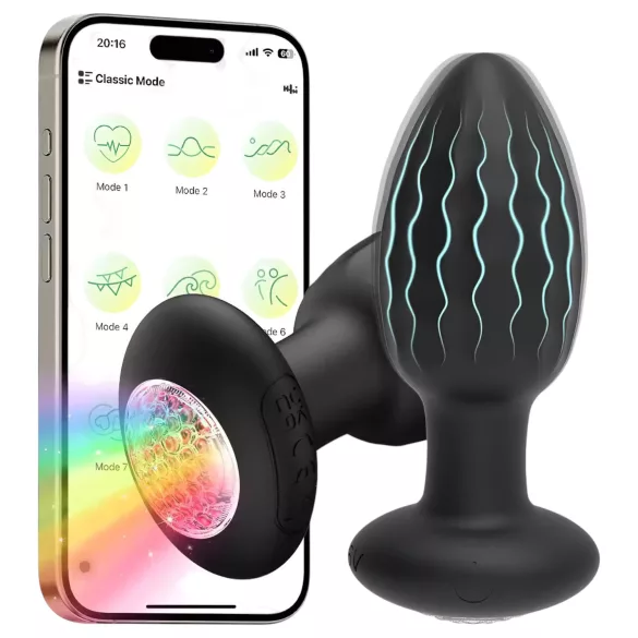 Desirel - Buttplug anal vibrator cu vibrații, cu LED multicolor - controlat prin aplicație, 10 moduri de vibrație (negru)