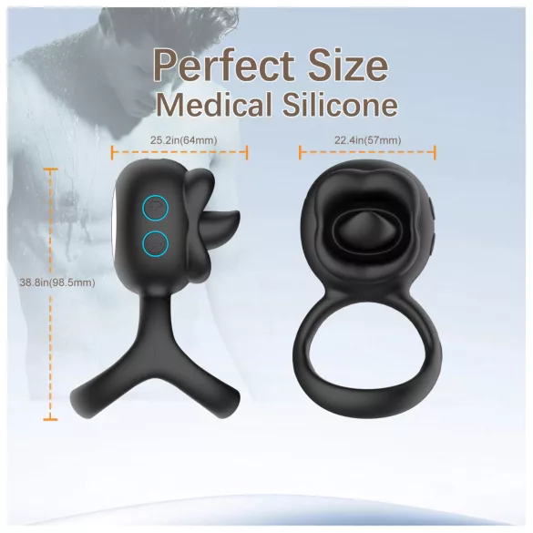 Biu-Biu - inel pentru penis și vibrator clitoridian cu lins - negru