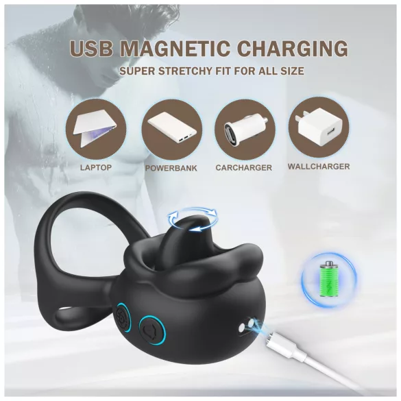 Biu-Biu - inel pentru penis și vibrator clitoridian cu lins - negru