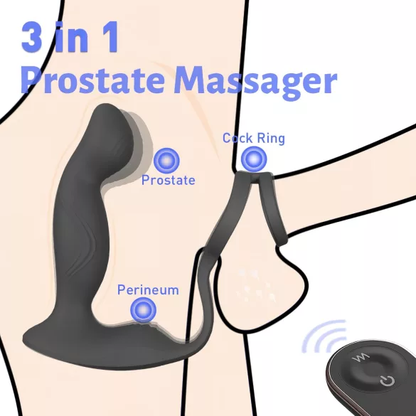Sex HD Virgil - vibrator prostată cu inel penian și testicular - silicon negru