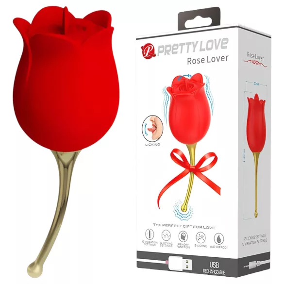 Pretty Love Rose Lover - vibrator clitoridian cu limbă 2în1 - roșu