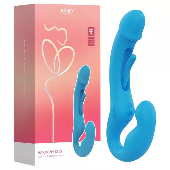 Honey Play Box Harmony Duo - strap-on cu limbă vibrator inteligent - albastru