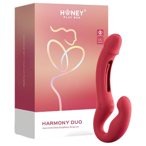 Honey Play Box Harmony Duo - vibrator strap-on cu limbă inteligent - roșu