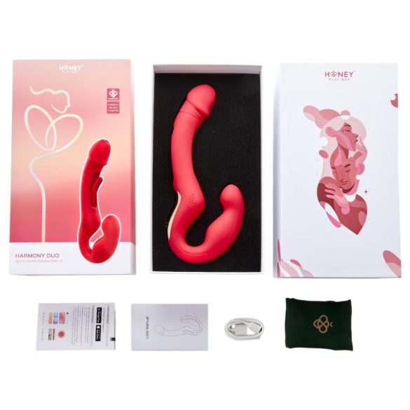 Honey Play Box Harmony Duo - vibrator strap-on cu limbă inteligent - roșu