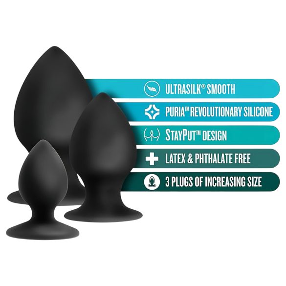 Anal Adventures Platinum - set butt plug anal - 3 piese - silicon negru