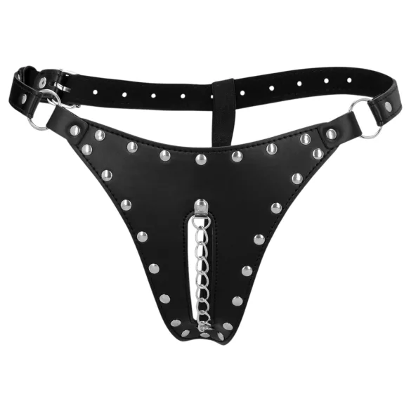 Ouch! - chiloți tanga tip centură de castitate cu ținte și lanț (negru)