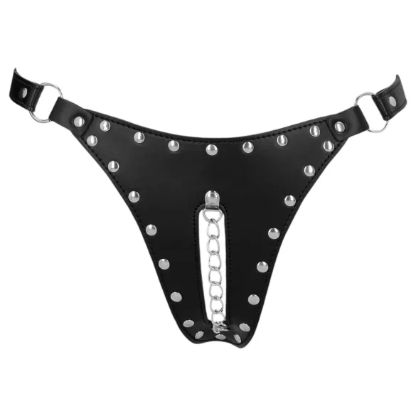 Ouch! - chiloți tanga tip centură de castitate cu ținte și lanț (negru)