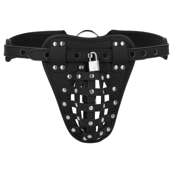 Aoleu! - cușcă din piele artificială pentru bărbați, cu centură de castitate și lacăt (negru)