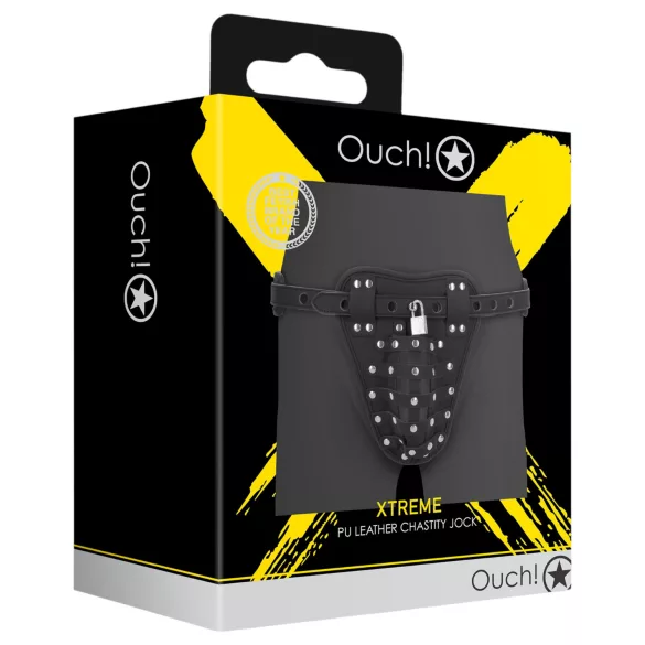 Aoleu! - cușcă din piele artificială pentru bărbați, cu centură de castitate și lacăt (negru)