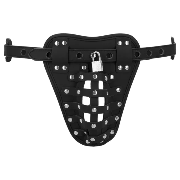 Aoleu! - cușcă din piele artificială pentru bărbați, cu centură de castitate și lacăt (negru)