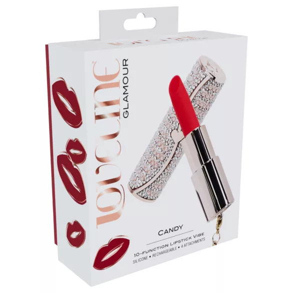 Loveline Candy - vibrator tip ruj cu 4 capete interschimbabile (roz)