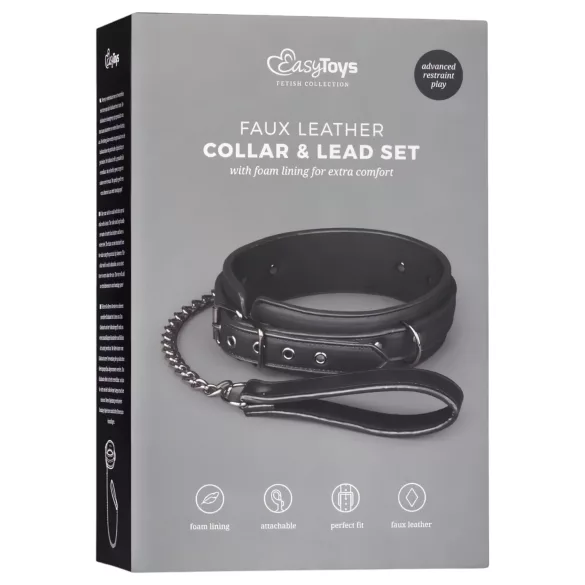 Easytoys - guler fetiș cu lesă - piele ecologică neagră