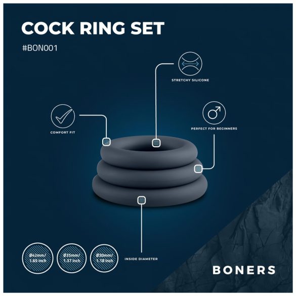 Boners - set inele pentru penis - 3 bucăți - gri