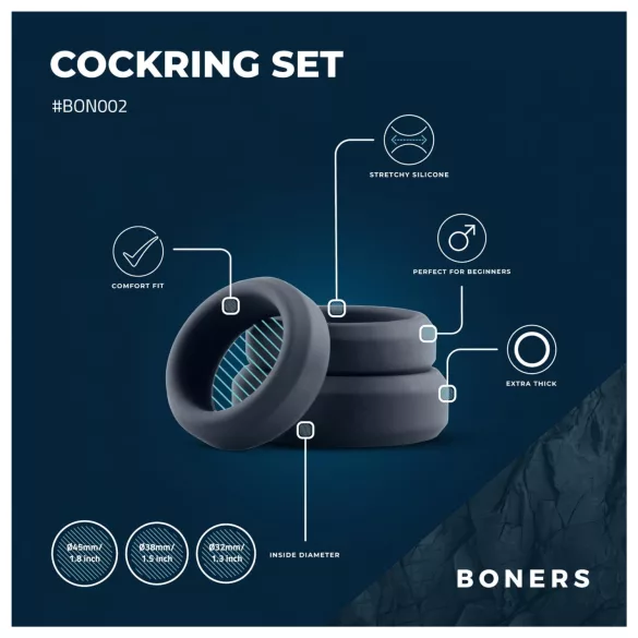 Boners - set inele pentru penis - silicon - 3 bucăți - gri