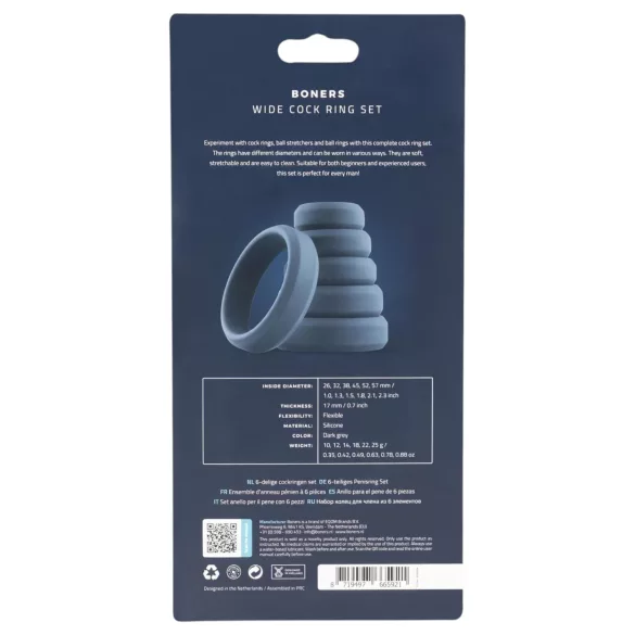 Boners - set inele pentru penis - silicon - 6 bucăți - gri