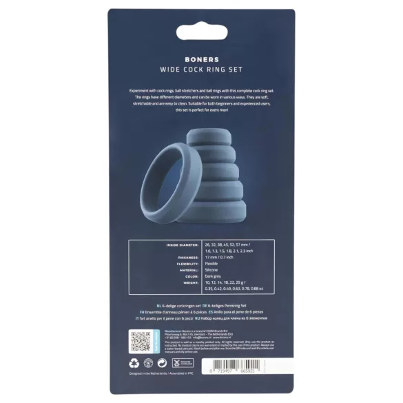 Boners - set inele pentru penis - silicon - 6 bucăți - gri