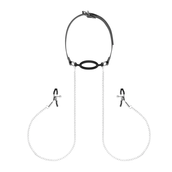Bedroom Fantasies - set gag bucal și cleme sfârcuri - argintiu-negru