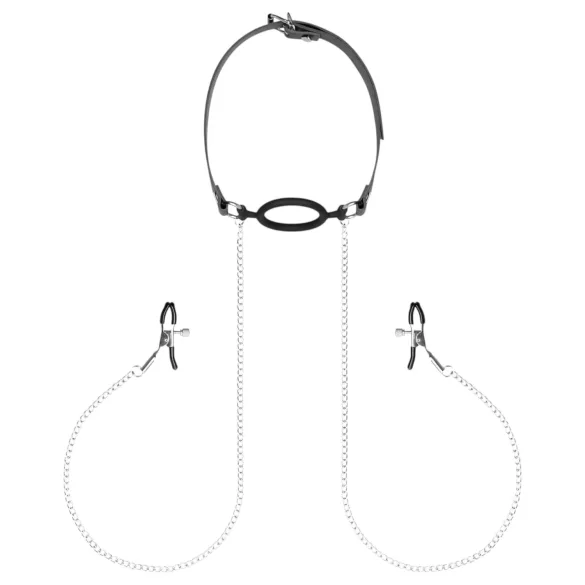 Bedroom Fantasies - set gag bucal și cleme sfârcuri - argintiu-negru