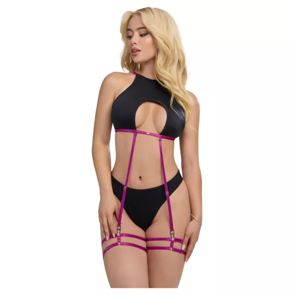 Zôf Zara - top decupat și tanga cu bretele pentru portjartier (negru)