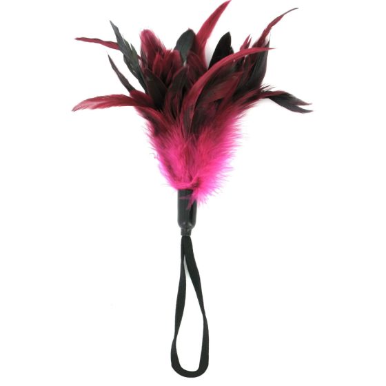 Sportsheets - Perie de mângâiere cu curea din pene de găină, cu curea pentru încheietură (roz-negru)