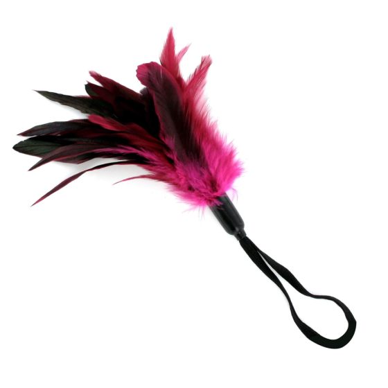Sportsheets - Perie de mângâiere cu curea din pene de găină, cu curea pentru încheietură (roz-negru)