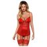 Obsessive Lovica - Set roșu cu top dantelat și chiloți tanga cu jartiere - L/XL