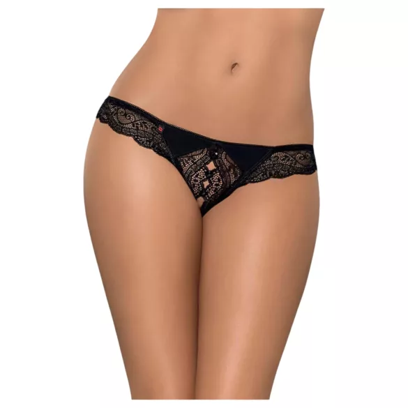 Obsessive - tanga damă deschisă din dantelă cu pietre - negru - XXL
