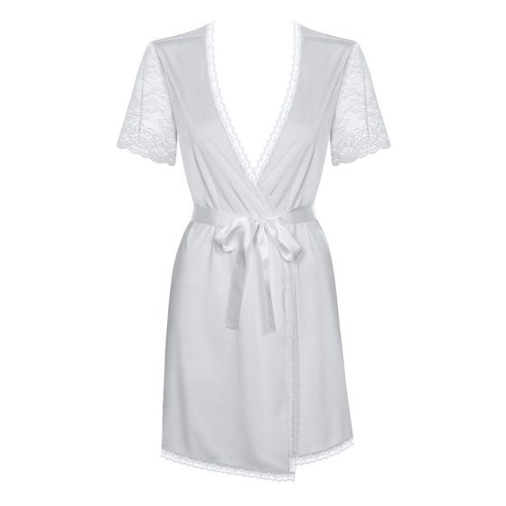 Obsessive Miamor Robe - halat cu manșete de dantelă și tanga (alb) - L/XL