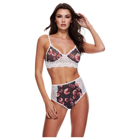 Baci - set seducător cu dantelă și flori, talie înaltă - M/L