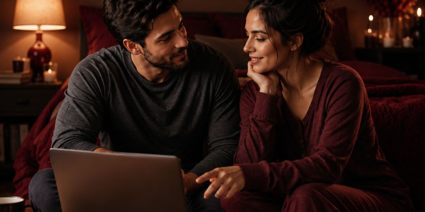 Cuplu care vorbește deschis despre cum să ceri ce îți dorești în pat într-un dormitor confortabil, lovesexshop.ro sex shop